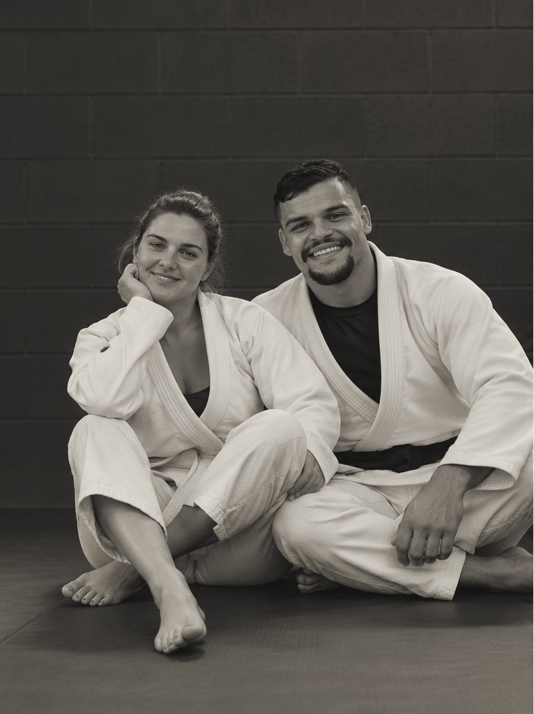 Two M4 members in white gis sitting together on the mat, smiling